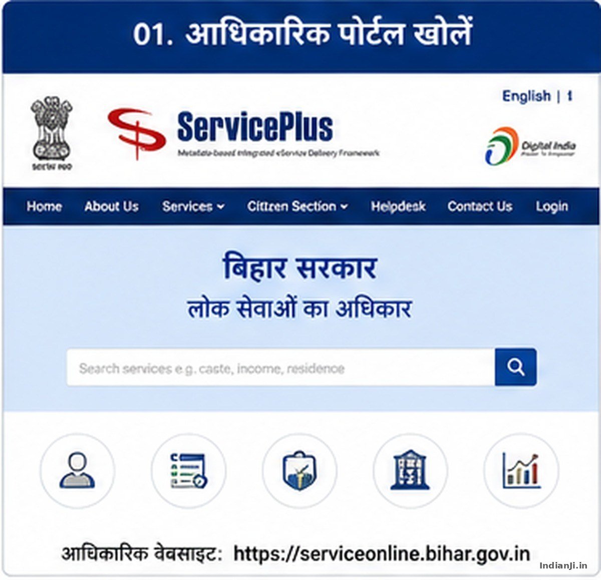 आधिकारिक ServicePlus पोर्टल खोलें — Bihar Residence Certificate Online Apply