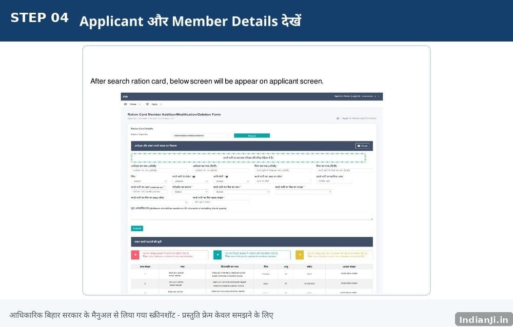 Step 4: Applicant और Member Details verify करें — Bihar Ration Card official process screenshot
