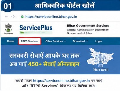 Step 01: आधिकारिक Bihar ServicePlus पोर्टल खोलें — Bihar Caste Certificate Online Apply