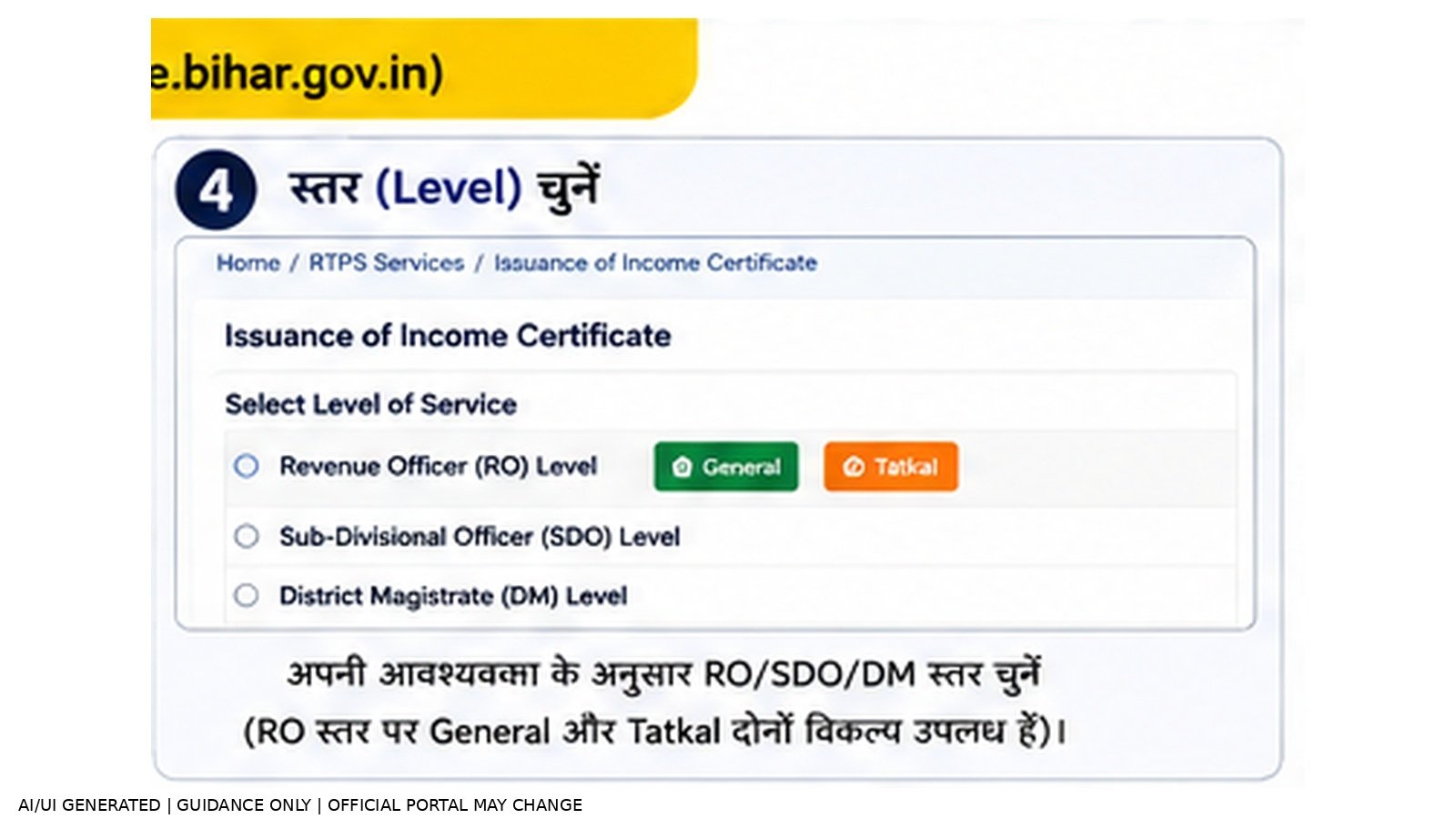 Step 4: सही Service Level चुनें — Bihar Income Certificate Online Apply